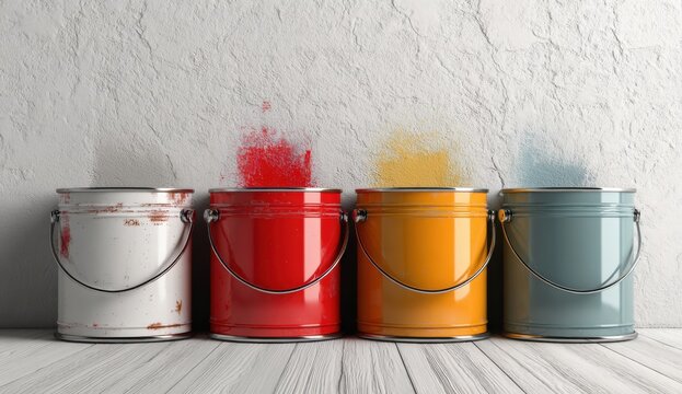 Four colorful paint cans lined up on a wooden surface against a textured wall.