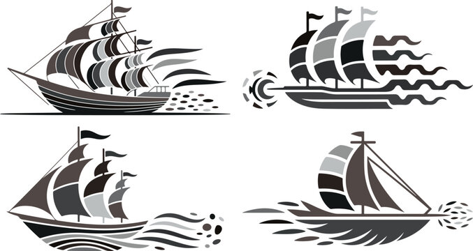 four sailboats sailing on waves with sails raised in various directions and speeds
