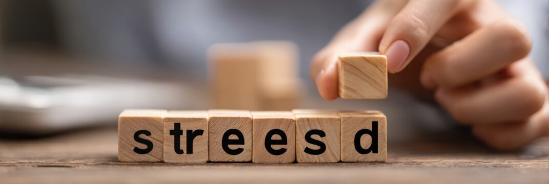 Hand placing wooden block to spell out the word stressed, symbolizing mental health and pressure.