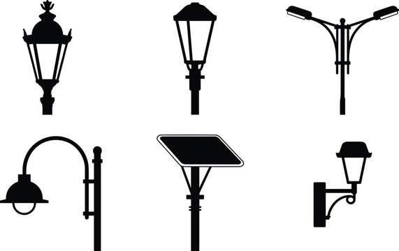 Street lamp and outdoor lighting silhouette icon set including vintage lantern modern solar and urban streetlight designs