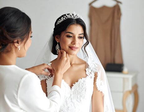 A woman in a white wedding dress being assisted by another woman