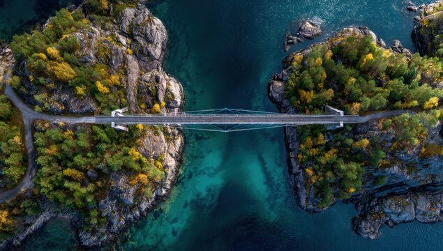 Stunning Aerial View of a Bridge Connecting Two Lush Green Islands Over Turquoise Water.