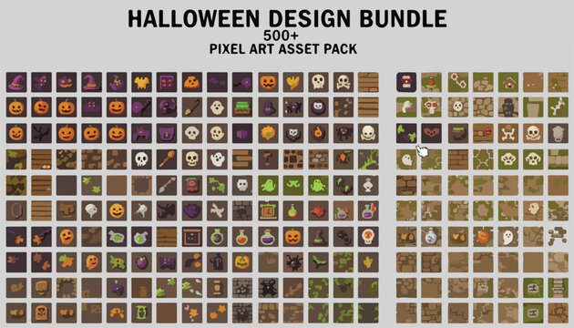 Pixel art Halloween design bundle, 500 plus spooky game asset pack, retro 8-bit holiday icons, vintage video game sprites for gaming apps
