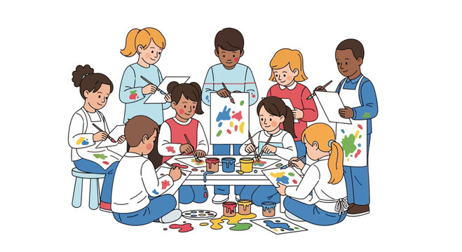 Diverse children engaged in a colorful art class, painting and drawing together