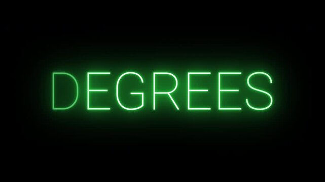 Flickering neon green glowing degrees sign animated black background.
