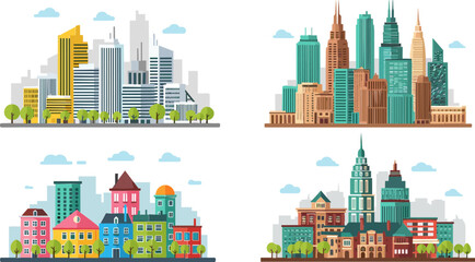 Modern Cityscape and Colorful Building Collection with Urban Skyscrapers, Residential Buildings, and City Architecture Vector Illustrations © Mst