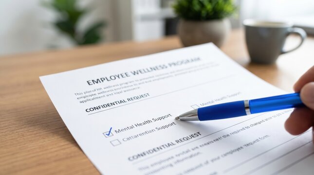 Mental Health Workplace Policy concept. Person filling out employee wellness mental health support form with pen