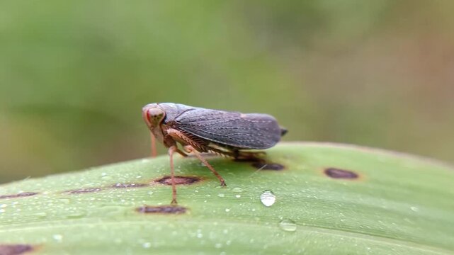 Calodia ostenta (Distant) on a leaf with blurred background, a species of leafhopper from the family Cicadellidae, subfamily Coelidiinae
