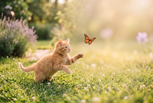 Cute ginger kitten playing with a monarch butterfly in a sunny garden meadow