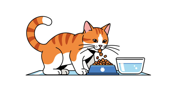 Orange Tabby Cat Eating Dry Food from Bowl, Water Dish Nearby