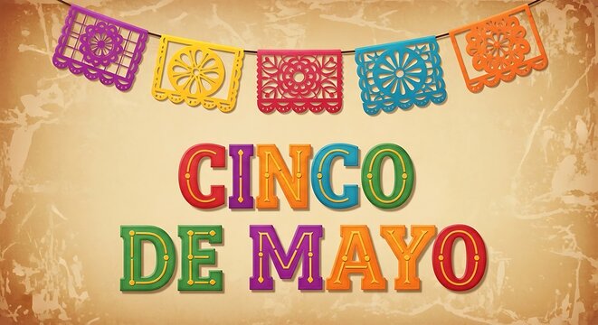 Cinco de Mayo festive banner with papel picado, traditional Mexican holiday greeting on vintage parchment background, colorful party decorations