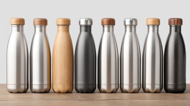 A row of eight stainless steel water bottles with bamboo caps, arranged in a neat row on a wooden surface against a plain white background.