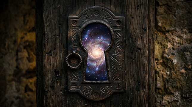 Keyhole revealing galaxy symbolizing mystery discovery imagination and infinite universe beyond