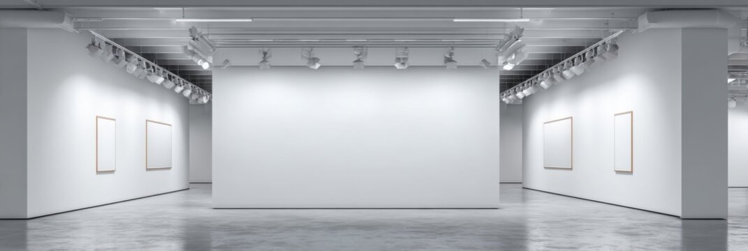 Modern Art Gallery Interior with Spotlights and Empty Walls.