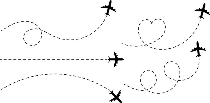 Airplane route with dotted flight path. Flying plane symbol with twisted, curved, straight and heart shape dashed trace path. 