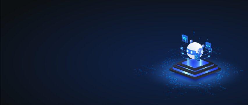 AI agent automation isometric vector illustration. robot assistant automation system concept web banner.