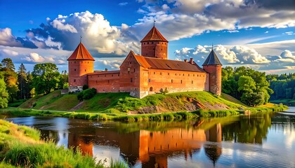 Fototapeta premium A majestic red castle on a hill surrounded by a serene lake