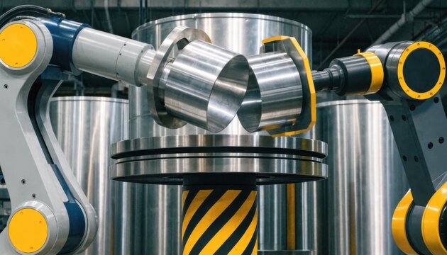 Medium shot of industrial robots precisely exchanging heavy work rolls and chocks at an automated roll handling workstation in a manufacturing setting.