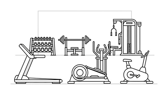 Gym Equipment Line Art: Treadmill, Elliptical, Stationary Bike, Weights, Bench Press, Cable Machine
