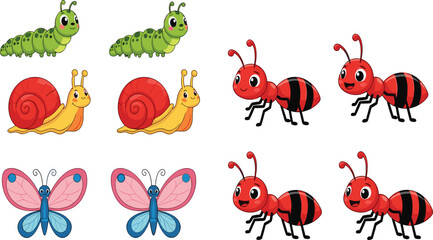 Cute Cartoon Garden Insects Set – Caterpillar, Snail, Butterfly, and Ant Character Collection Vector Illustration © MdMonirul