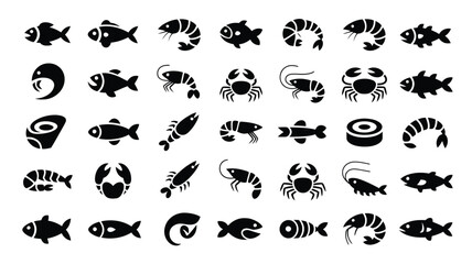 Collection of seafood icons including fish shrimp and crabs in black silhouette on white background for food or ocean concepts © Shovon