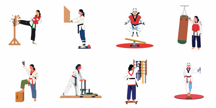Set of flat vector illustrations showing a woman training in Taekwondo, featuring various martial arts techniques, equipment, and traditional gear.