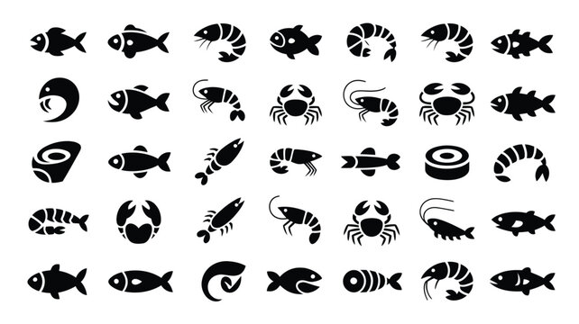 Collection of seafood icons including fish shrimp and crabs in black silhouette on white background for food or ocean concepts