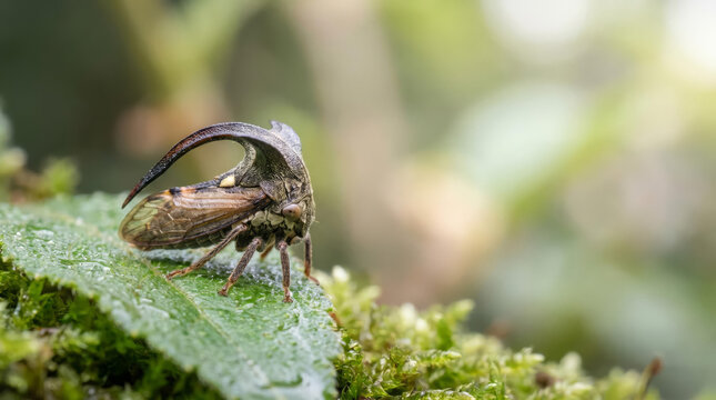 Extreme macro shot of a rare horned treehopper Membracidae on a wet green leaf with copy space