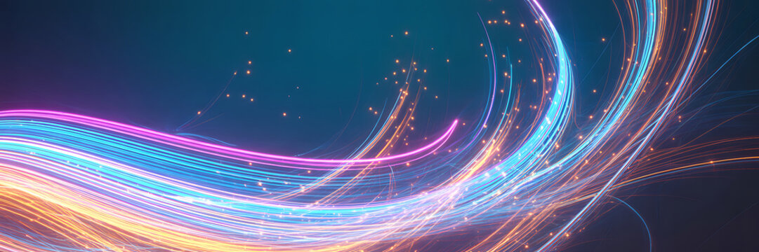 Vibrant multicolored light trails swirling in a mesmerizing pattern against a dark blue background with scattered sparks