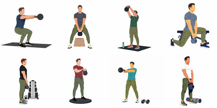 Set of illustrations depicting men performing various functional fitness exercises and strength training workouts using kettlebells in a flat vector style.
