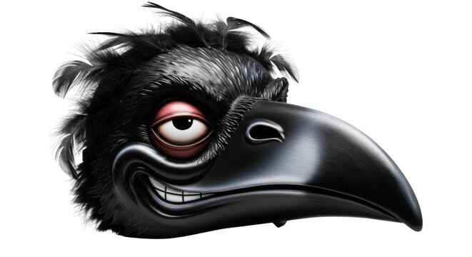 Grumpy black crow character head, expressive raven mascot with cynical facial expression, 3D rendered bird avatar for gaming and branding isolated PNG with Transparent Background