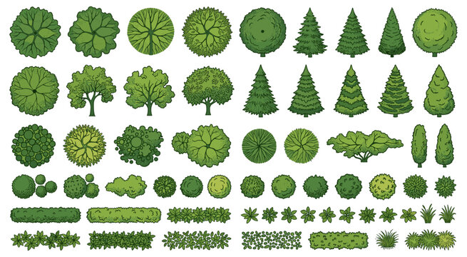 Top view green tree collection. Botanical tree and hedge collection for landscape architectural maps. Bird eye view of various forest and garden plants. Vector illustration.