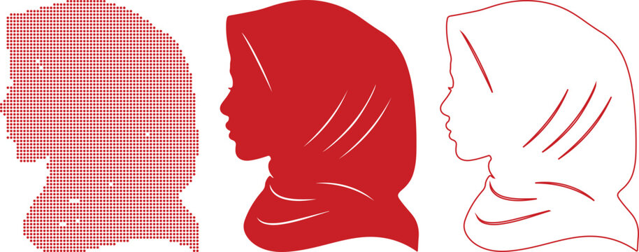 Three Red Silhouettes of Woman's Profile in Hijab on White Background female head
