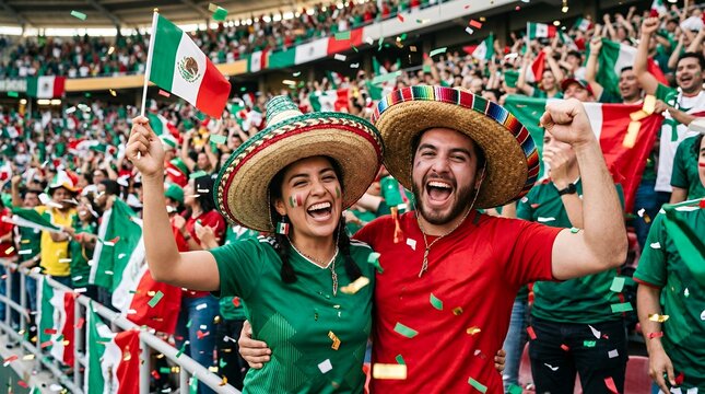 Excited Mexican Fans Celebrating with Flags