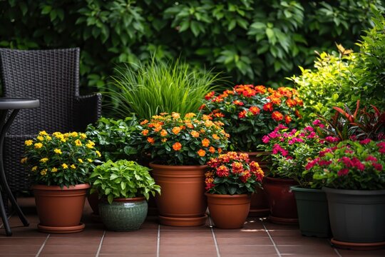 Beautiful collection of colorful blooming flowers and potted plants arranged on tiled garden terrace with chair. High quality photo