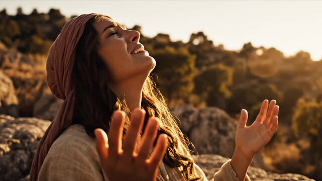 Woman Praying Outdoors at Sunset with Hopeful Expression.