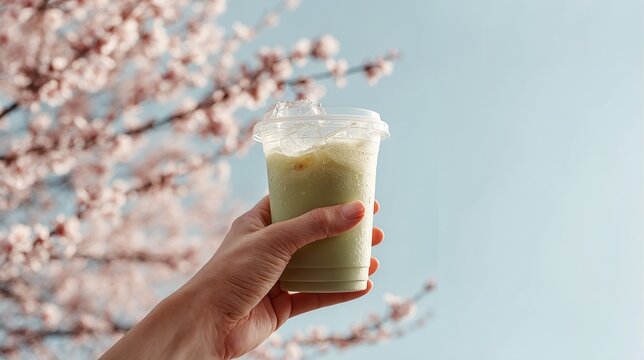 hand holding a glass of matcha with cherryblossom background