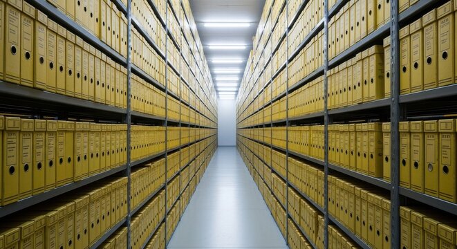 Expansive rows of yellow archive boxes meticulously stored on metal shelving within a brightly lit, organized storage facility.