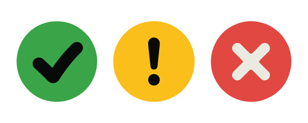 Set of colorful round icons with black check mark exclamation mark and cross on transparent background. © Abu