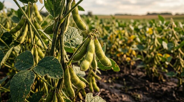 A close-up of lush green soybean pods growing on a plant in a vast agricultural field under a clear sky, highlighting the agricultural bounty of a farm