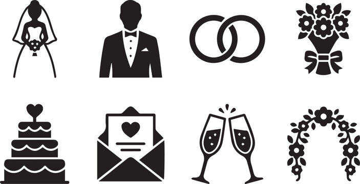 wedding and celebration icons set flat design vector illustration