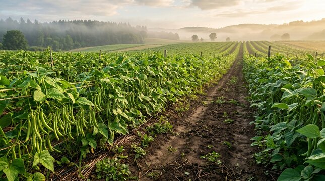 Vast green bean field thrives under soft morning light, with rows extending to a misty horizon, symbolizing healthy growth and serene beauty of sustainable harvest
