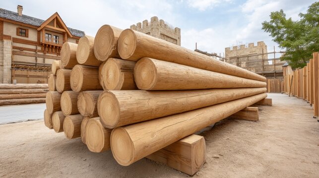 Stacked logs near a construction site, blending natural elements with modern architecture in a serene setting under a bright sky