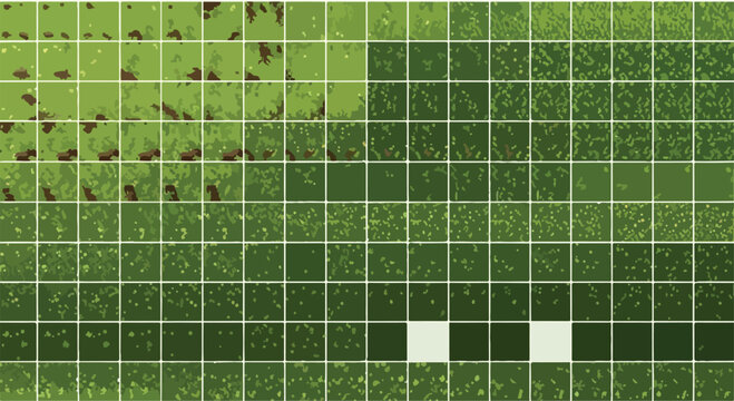 Retro pixel art grass texture set, 8-bit video game terrain tiles, green nature landscape background for gaming and digital art