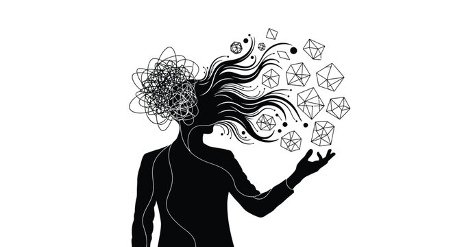 Silhouette of a person with complex thoughts transforming into organized geometric shapes on white background
