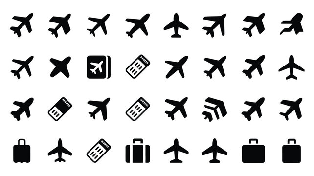 Vector illustration of various airplane and travel icons including planes tickets and luggage on a white background