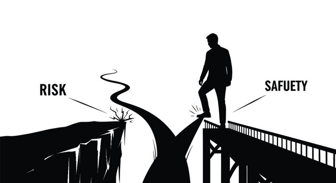 Silhouette of a businessman standing at the fork choosing between a dangerous path and safety