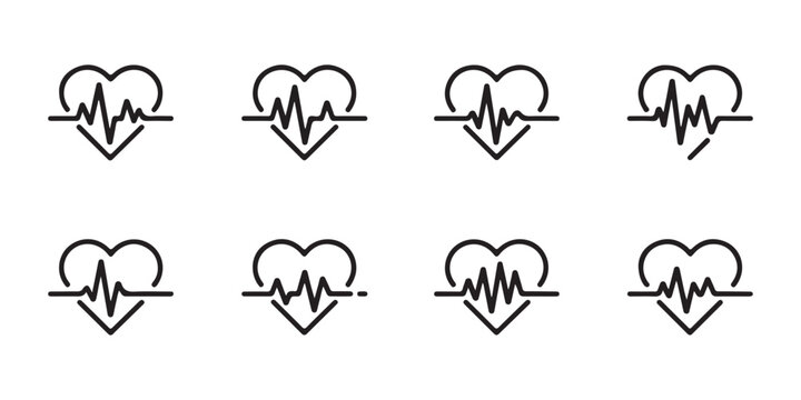 Heartbeat electrocardiogram icons in thin line style, medical cardiology symbols, health concept.