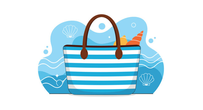 Blue and white striped summer beach bag filled with seashells and starfish set against a wavy blue ocean background.