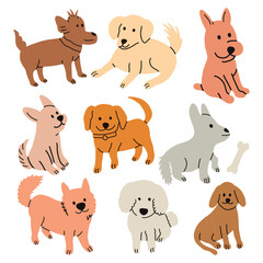 Obraz premium Cute hand drawn dog characters and puppy doodle set. Adorable cartoon dog breeds collection vector illustration. Set of friendly puppy doodles for pet shop and animal design